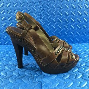 FRYE Women's Shoes Brown Leather Studded Platform High Heel Sandals Size 8